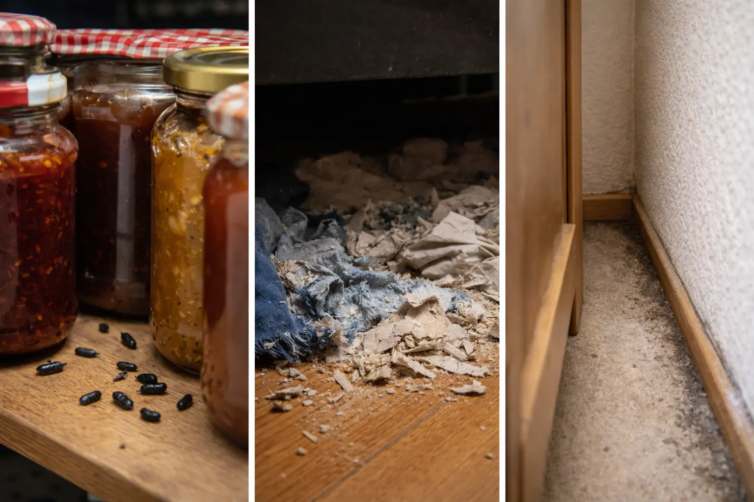 Egér nyomok: ürülék, rágásnyom, fal menti útvonal