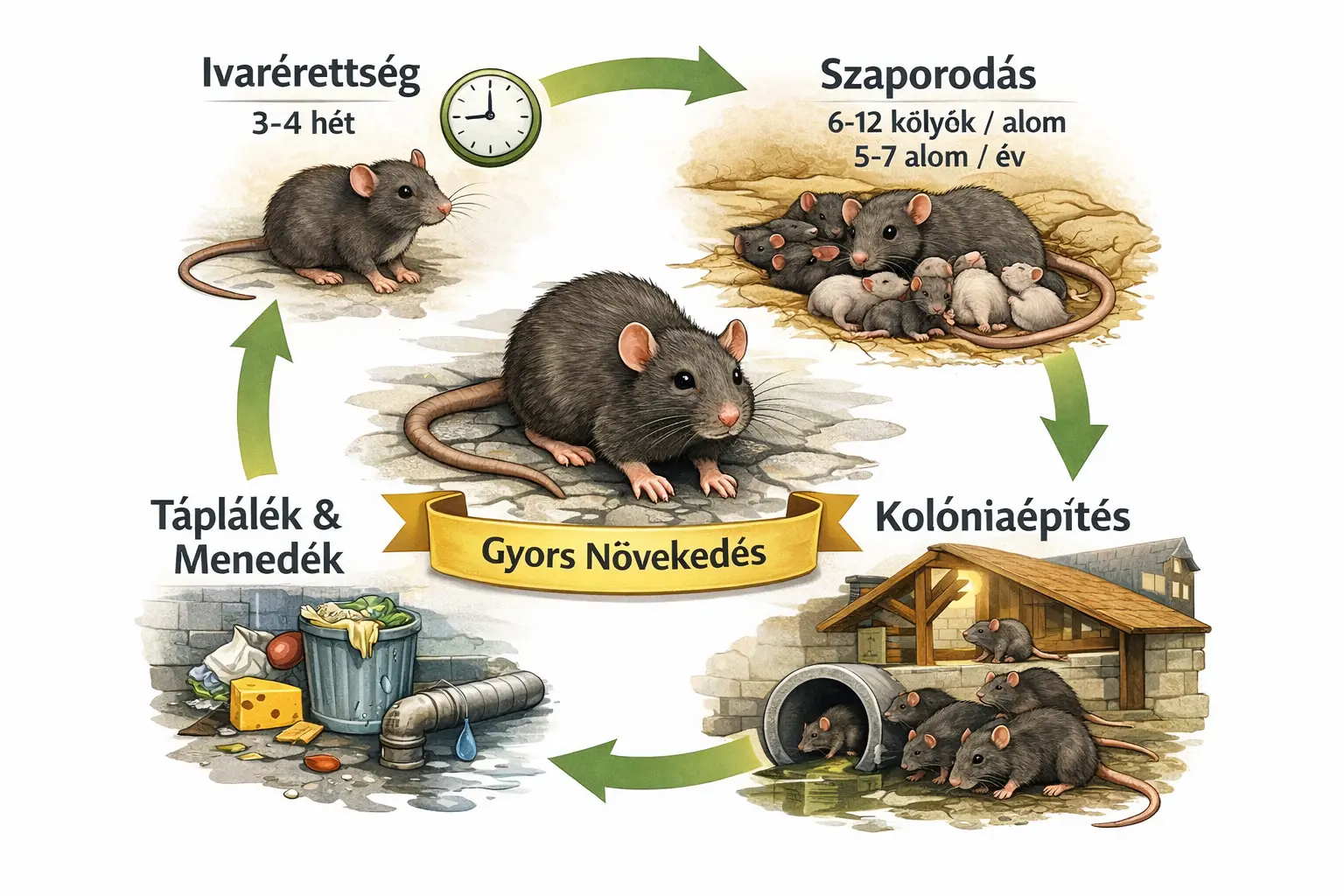 Patkány életciklus – ivarérettség, szaporodás, kolóniaépítés
