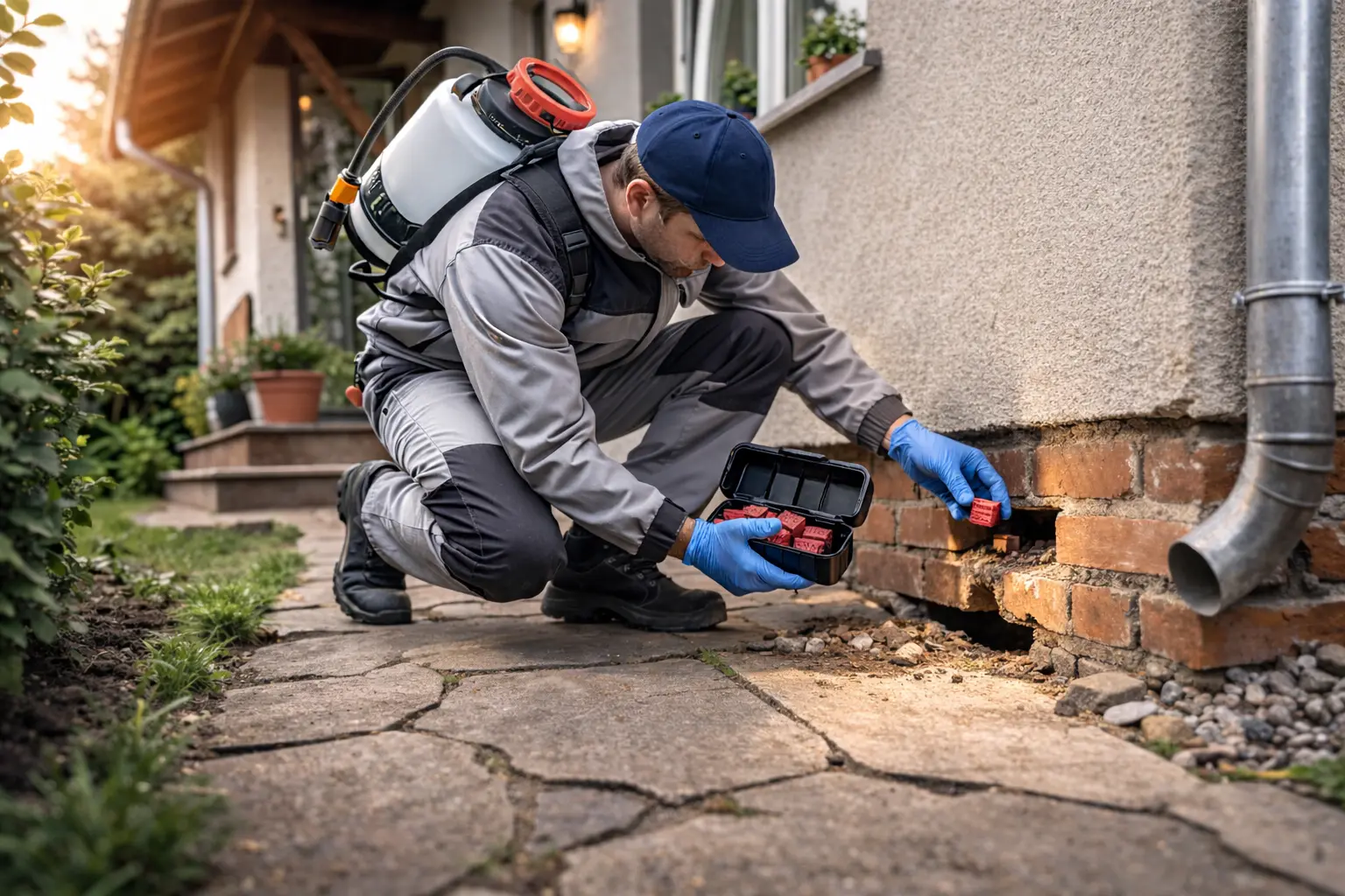 Rágcsálóirtás szakember ellenőrzés közben